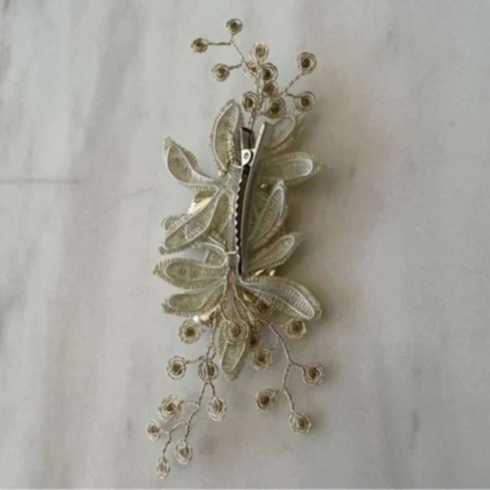 Wedding Hair Clip with Crystals, Metallic Flowers & Leaves​​​​